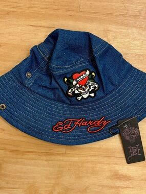 Ed Hardy Dark Blue Denim Embroidered Bucket Hat